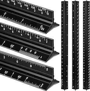 Macarrie 6 Pcs Architectural Scale Triangular Ruler 12" Architect Engineers Scale Ruler Set Aluminum Metal Scale Ruler with Imperial Measurements for Architects Students Draftsman Engineers (Black)