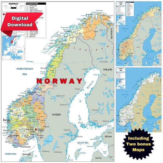 Printable NORWAY Political Map   2 Bonus Topography & Roads - Etsy New Zealand