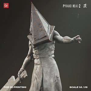 A terrifying monster-executioner, born of guilt over a committed crime, Pyramid Head is an embodiment of the protagonist's sexualized aggression. This antagonistic character became so recognizable and popular that it went beyond Silent Hill 2 and appeared in subsequent parts of the series and films. The author took as a reference the original design of Masahiro Ito when sculpting Pyramid Head Monster for 3D printing and did their best to follow it. Trying to capture the dynamism of the weight of