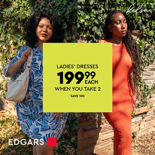 Want double the summer style for less? 💕 Take 2 selected Kelso dresses for just R199.99 each and save R100 🛍️ Shop online and in-store at Edgars with our flexible payment options. | Edgars