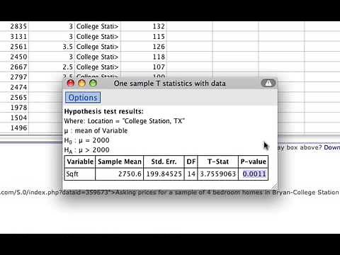 One sample T stats in StatCrunch