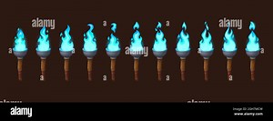 Burning fire on old torch for video game. Vector cartoon animation sprite sheet with sequence of magic blue flame on ancient wood and metal torch isolated on dark background Stock Vector Image & Art - Alamy