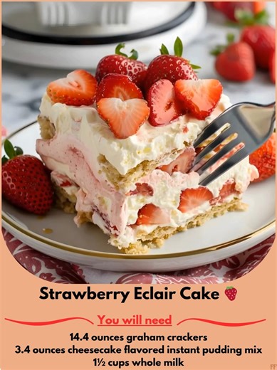 Strawberry  Eclair Cake  This Strawberry Eclair Cake recipe is perfect for dessert lovers. It's a no-bake treat featuring layers of graham crackers, cheesecake-flavored pudding, and fresh strawberries, all topped with strawberry frosting. ➤ Ingredients: • 14.4 ounces graham crackers • 3.4 ounces cheesecake flavored instant pudding mix • 1½ cups whole milk ..... Full Recipe in Coʍmеոτ   | Recipe Center | Facebook