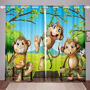 Feelyou Monkey Curtains Three Cartoon Monkeys Prined Curtain for Bedroom Living Room for Kids Boys Girls Safari Banana Vine Windows Drapes Cute Animal Room Decoration,38 X 45 Inch,2 Panels