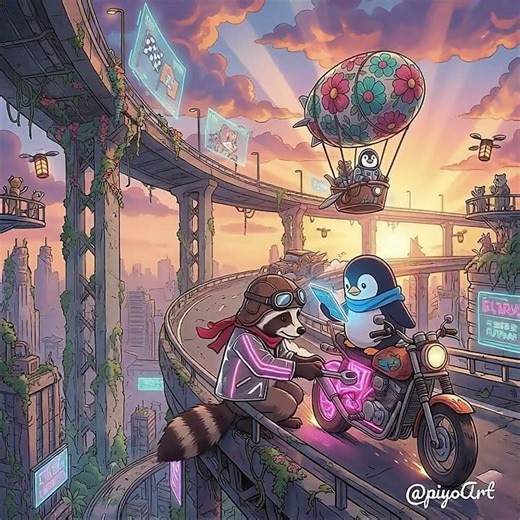 Sunset Riders: Raccoon and Penguin's Highway Journey in the Ruins City