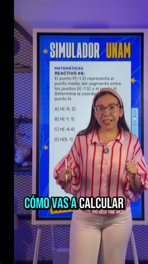 ✏️ Reactivo #8 de Matemáticas - Guía Examen UNAM 2026 📚 Este reactivo de geometría analítica tiene un hack que te puede ahorrar varios minutos. Del punto G(-7,5) al punto medio P(-1,3) avanzas 6 unidades en x y desciendes 2 unidades en y. Como el punto medio divide al segmento en dos partes iguales, repites ese mismo movimiento y llegas al punto H(5,1). Mucho más rápido que desarrollar toda la fórmula. ✅ Respuesta correcta: inciso D. 🧠 Estudia Matemáticas y todas las materias del examen con el