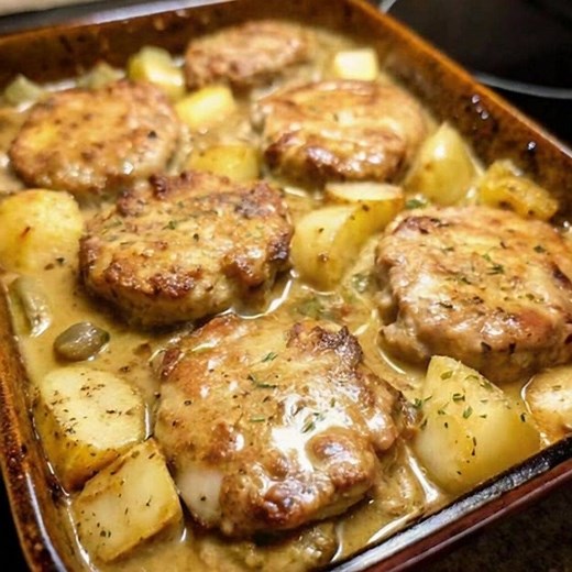 Tender pork chops and potatoes baked in rich onion gravy—comfort on a plate. 🔗 Full recipe link in the first comment 👇 | Foodie Fix