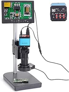 HAYEAR 14MP HDMI USB Microscope Camera Digital Industrial HD Camera + 100X monocular Zoom Lens with 7 inch HDMI Monitor Portable Table Stand 110V LED Ring Light for PCB Repair Mobile Phone Repair