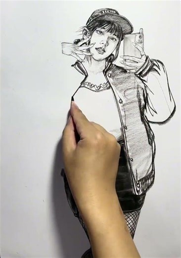 Pencil Portrait Drawing: Fishing Net Outfit and Black Leather Skirt Style