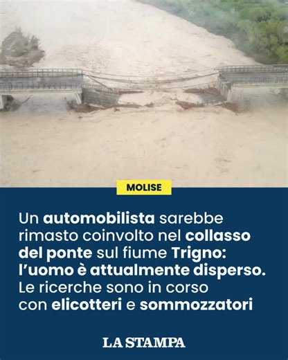 Paesi isolati, fiumi in piena, frane, nevicate e il crollo di un ponte tra Abruzzo e Molise, che avrebbe inghiottito anche una macchina. Ormai da 48 ore il Centro-Sud è in ginocchio. La situazione più grave è indubbiamente quella sul fiume Trigno. Il collasso del ponte che collega Molise e Abruzzo avrebbe infatti coinvolto un'automobile con una persona a bordo che attualmente sarebbe dispersa. Le ricerche sono in corso senza sosta con elicotteri e sommozzatori dei vigili del fuoco, ma anche con 