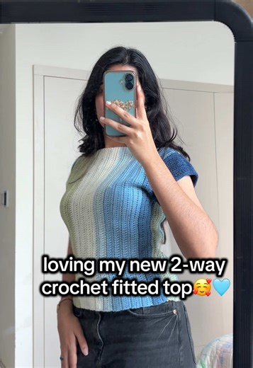 simple 2-way crochet fitted top🩵 saw it on pinterest and i just had to make one for myself! 🤍 should i make a solid colour one next? #crochetdiy #crochetfittedtop #crochettop #crochetoutfit #simplecrochet