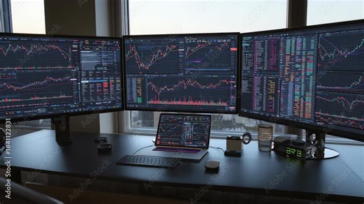 Trader’s workstation featuring several vertical and horizontal monitors, crisp chart visuals, calm focused mood, modern digital setup, multi screen trading station