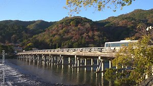 Togetsukyo Bridge and beautiful colorful leaves in the Autumn Season at Arashiyama, Kyoto, Japan.
