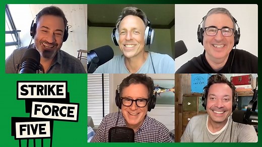 MAJOR LIFE UPDATE - for the remainder of the strike Stephen Colbert, Jimmy Fallon, Seth Meyers, John Oliver & I are joining forces for a new podcast called Strike Force Five. Hear the first episode tomorrow 8/30. ALL proceeds (thanks to Casamigos and Mint Mobile) go to support our out of work staffs. https://bit.ly/44tflxq Spotify | Jimmy Kimmel