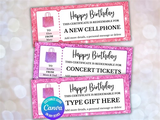 Editable Gift Voucher, Birthday Coupons, Teen Gift Voucher, Gift for Her, Personalized Gift Coupon, Last Minute Gift Ticket Template - Etsy