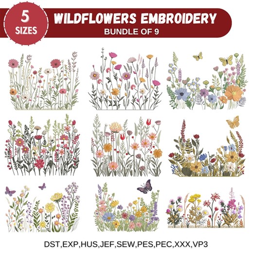 Wildflower Meadow Machine Embroidery Design, Cottagecore Wild Flowers, Boho Flower, Wildflower Embroidery Bundle, 5 Sizes, Instant Download - Etsy Australia