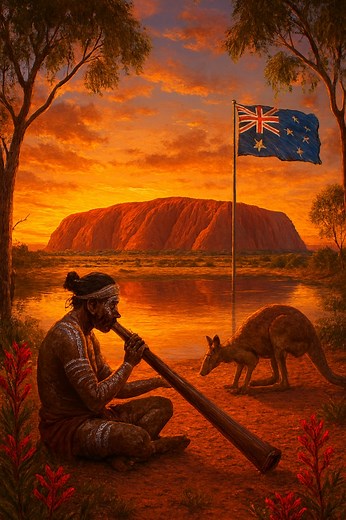 🇦🇺 Australia 🇦🇺 According to the 2025 mid-year Quality of Life Index from Numbeo, the next country ranked after Germany is: 🇦🇺 Australia 🇦🇺 * Excellent climate and outdoor lifestyle. * High safety and healthcare ratings. * Balanced cost of living and strong social support. Here it is: Australia’s soul at sunset 🇦🇺✨ Uluru glows in the golden light, casting long shadows across the red earth. A didgeridoo player sits peacefully by the lake’s edge, body painted in traditional ochre and whi