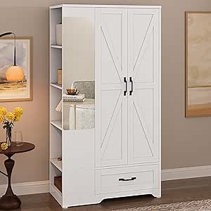 LIKIMIO Armoire Wardrobe Closet with Barn Doors and Drawers and Full Mirror and 5 Storage Shelves 70" Wooden Bedroom Wardrobe Combination for Hanging Clothes, White