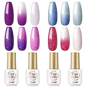 Color Changing Gel Nail Polish Set 4pcs Mood Changing Glitter Gel Nail Polish Temperature Change Blue Purple Pink Fall Color Gel Nails Starter Kit Long Lasting Manicure Gift for Home DIY Nail Salon