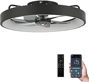 Ceiling Fan with Light - Modern Enclosed Reversible Low Profile Ceiling Fan with Remote 6 Speeds 3 Color Dimmable LED Bladeless Ceiling Fans with Lights Flush Mount (Black)
