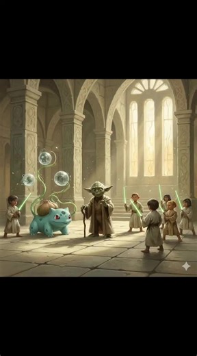 Yoda & Bulbasaur Teaching Younglings “Yoda leading Youngling training with Bulbasaur assisting, vines gently lifting training spheres, ancient Jedi temple architecture, soft sunlight through high windows, calm wise atmosphere, painterly detail. #fyp #viral #trending #dadsoftiktok #dudessupportingdudes