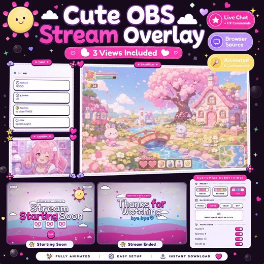 Kawaii Stream Overlay, Cute Twitch Overlay for Streamers, Animated Chat Widget and Camera Frame, OBS Browser Source, Pngtuber Starting Soon - Etsy