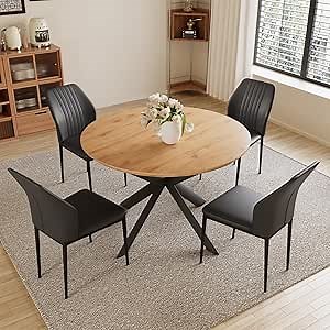 43.2"-59.1" Extendable Round Dining Table Set, Wooden Round Table for 4-6 Person, Oak Coffee Table w/Scratch-Resistant Tabletop