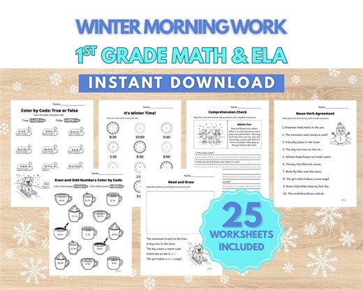 1st Grade Winter Math & ELA Worksheets | Morning Work | Early Finishers (PDF Download) - Etsy
