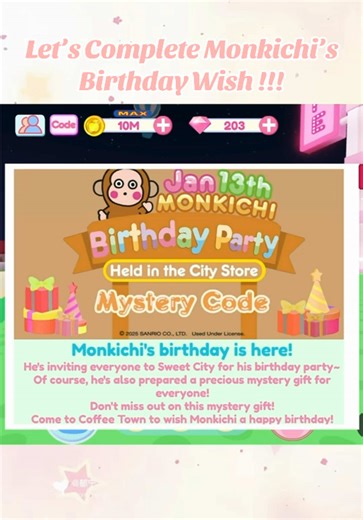 Monkichi’s Birthday Update !!! 2026 New Mystery Code !!! I’m a bit late but here’s the new code for this update! #myhellokittycafeupdate #hellokittycaferoblox #fyp #roblox #monkichi