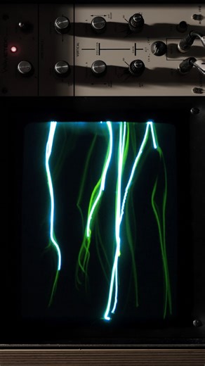 Alberto Novello on Instagram: "Thought of adding some features to my analog particle system. Now each particle leaves a light trace until it dies then phosphor takes over. . Made on a Wavetek 1910 long phosphor monitor using the sound you hear to deflect the electron beam and create the image. #oscilloscope #lightart #merryxmas #analog #particles"