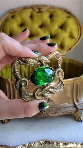 Emma on Instagram: "I have a lot of snake jewelry that isn't shown here, I never thought my snake collection would grow like it does! 🐍 The last ring, a mourning ring, I show is probably my favorite of this video, with two intertwined snakes making up the band. The locket is empty unfortunately, and likely had hair in it, there's even a monogram with a death date on the back of the locket compartment 🖤 But honestly the second to last piece - with the chonky green mirror glass stone - is insane