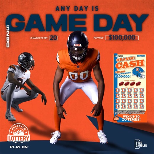 Are you game? 🫵 Pick up a new, limited edition Broncos Orange Cash Scratch and score a chance to win up to $100,000. 🏈 🙌 | Colorado Lottery