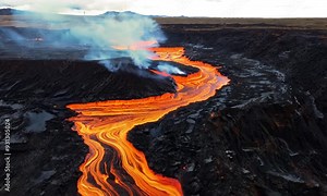 Lava Flow: A breathtaking aerial view captures the fiery power of nature as molten lava flows like a fiery river, leaving a trail of destruction and renewal in its wake.