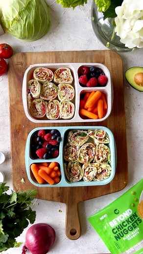 These BBQ Chicken Pinwheels are perfect for lunches, party appetizers or really any time you’re craving a chicken nugget 😋 @lettuce.thrive INGREDIENTS: 4 cups cabbage finely chopped (1/2 head) 3/4 cup finely chopped red onion(1/4 onion) 1/4 cup plant-based ranch 1/4 tsp sea salt 2 tbsp red wine vinegar 1, 10 oz package of Beyond Chicken Nuggets ⅓ cup BBQ sauce 4, 10-inch flour tortillas 6 Tbsp plant-based cream cheese 1 Large avocado 2 tomatoes, thinly sliced ½ cup cilantro salt and pepper to t