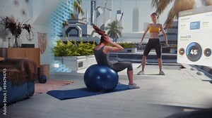 Sportswoman in AR headset exercises with fitball. VR screen shows virtual trainer, interface of fitness app with workout plan and image of futuristic city. Home gym with AI and metaverse technologies.
