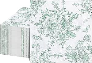 NatNarr 100 Pcs Sage Green Floral Napkins, Green and White Toile Napkin Wedding Vintage Flower Butterfly Design Chinoiserie Decoupage Napkin for Bridal Baby Shower, Tea Party