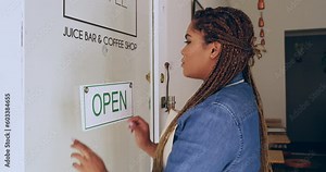 Open, sign and happy small business entrepreneur or woman with a smile for restaurant, cafe or store service, Welcome, entrepreneurship and franchise owner or manager ready for work in the morning