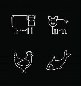A set of stylized icons - cow, fish, chicken and pig. Icons that...