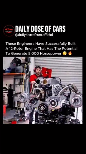 Daily Dose Of Cars on Instagram: "Most tuners just swap turbos. These engineers decided to rewrite the rulebook on internal combustion. 🤯🔥 You are looking at a 12-rotor engine, a mechanical monstrosity that defies conventional logic. A standard Mazda rotary engine has two rotors. This bespoke build stacks twelve of them in a modular "pancake" configuration. The engineering challenge here is synchronization. Getting 12 eccentric shafts to fire in perfect harmony without vibrating the block apar