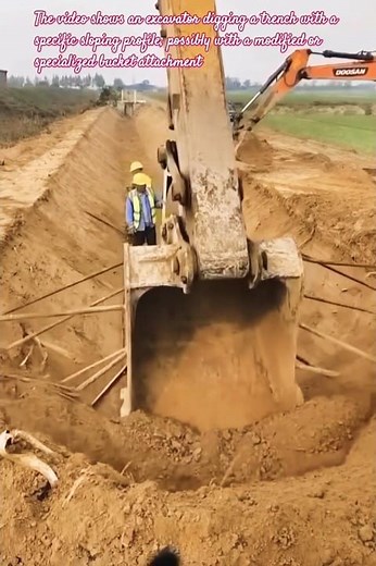 The video shows an excavator digging a trench with a specific sloping profile