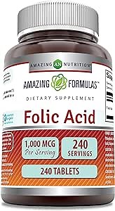 Amazing Formulas Folic Acid 1000 mcg (1 mg) Tablets Supplement | Vitamin B9 | Non-GMO | Gluten Free | Made in USA (240 Count | 2 Pack)