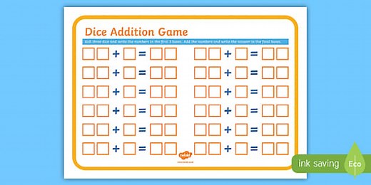 Dice Addition Recording Sheet Game