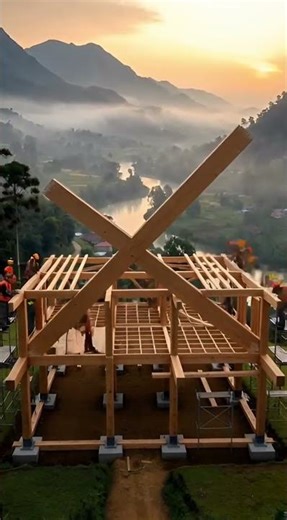 :Misty Mountain Riverbend Cantilever Wood Retreat | 4-Stage Cinematic Construction Timelapse #asmr