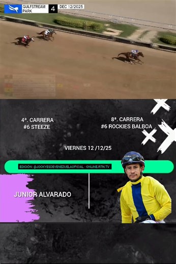 CON DOS TORRES 4ª. CARRERA LOTE: 1 Mile Open, 3 Year Olds And Up, MAIDEN SPECIAL WEIGHT, PURSE: $43,000 Horse – Win – Place – Show 6 Steeze – $2.20 – $2.10 – $2.10 – J: J. Alvarado – T: R. Mott 1 Ark Royal – $6.80 – $4.00 – J: K. Davis – T: B. Tagg 2 Kiss Me Slow – $4.20 – J: R. Maragh – T: A. Margotta 🇻🇪🇻🇪🇻🇪🇻🇪 8ª. CARRERA LOTE: 6 1/2 Furlongs Open, 2 Year Olds, MAIDEN OPTIONAL CLAIMING: $50,000, PURSE: $42,560 Horse – Win – Place – Show 6 Rockies Balboa – $3.20 – $2.80 – $2.10 – J: J. A