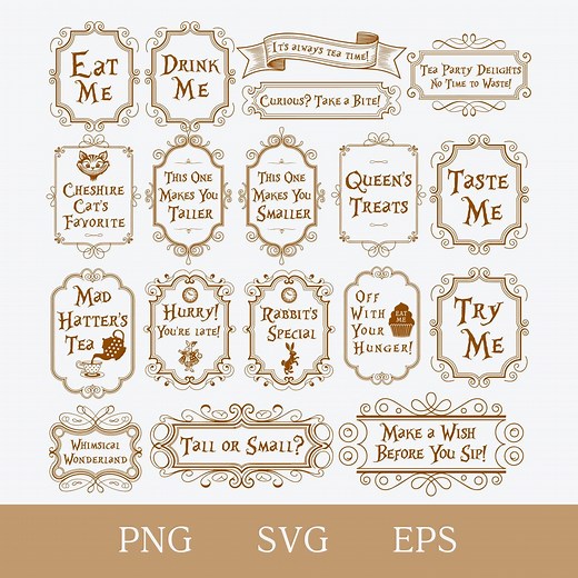 Alice in Wonderland Tea Party SVG Labels, Vintage Drink Me Eat Me PNG Tags, Mad Hatter Birthday Decor, Printable Instant Download Signs - Etsy