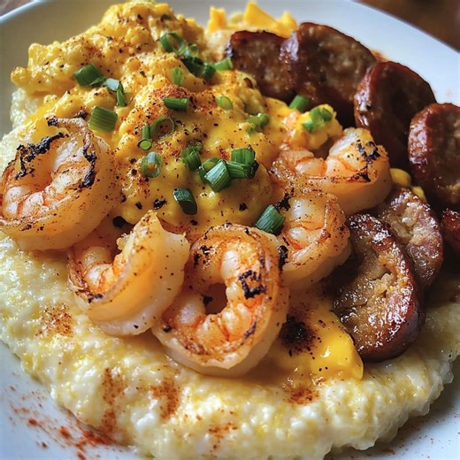 Shrimp and Grits with Scrambled Eggs and Sausage Ingredients: For the Grits: 1 cup grits 4 cups water or chicken broth 1 tablespoon butter Salt and pepper, to taste For the Scrambled Eggs: 4 large eggs 1 tablespoon milk 1 tablespoon butter Salt and pepper, to taste Shredded cheddar cheese Green onions, chopped (for garnish) For the Shrimp: 10 large shrimp, peeled and deveined 1 tablespoon olive oil Salt and pepper, to taste Paprika, to taste For the Sausage: 2 sausage links, sliced 1 tablespoon 