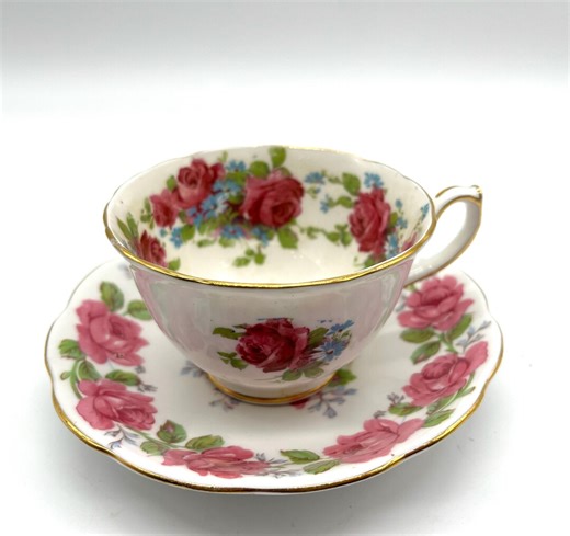 Queen Anne Pink Roses Tea Cup and Saucer, English Bone China, Gold Rim - Etsy