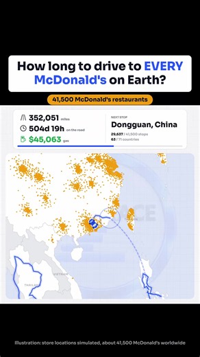 #data #mcdonald The final part of the McDonald's world road trip: China, Hong Kong and Vietnam, Taiwan, South Korea, Japan, Australia and New Zealand. Over 41,000 restaurants later, the whole route around the world. Simulated trip: real cities, illustrative store locations and totals. Would you do this trip?