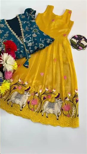 || Soft crush with" pichwai"clr full embroidery work with coatall over embroidery 1-15 years || smf