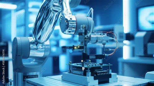 A robotic arm precisely examining a circuit board in a laboratory setting